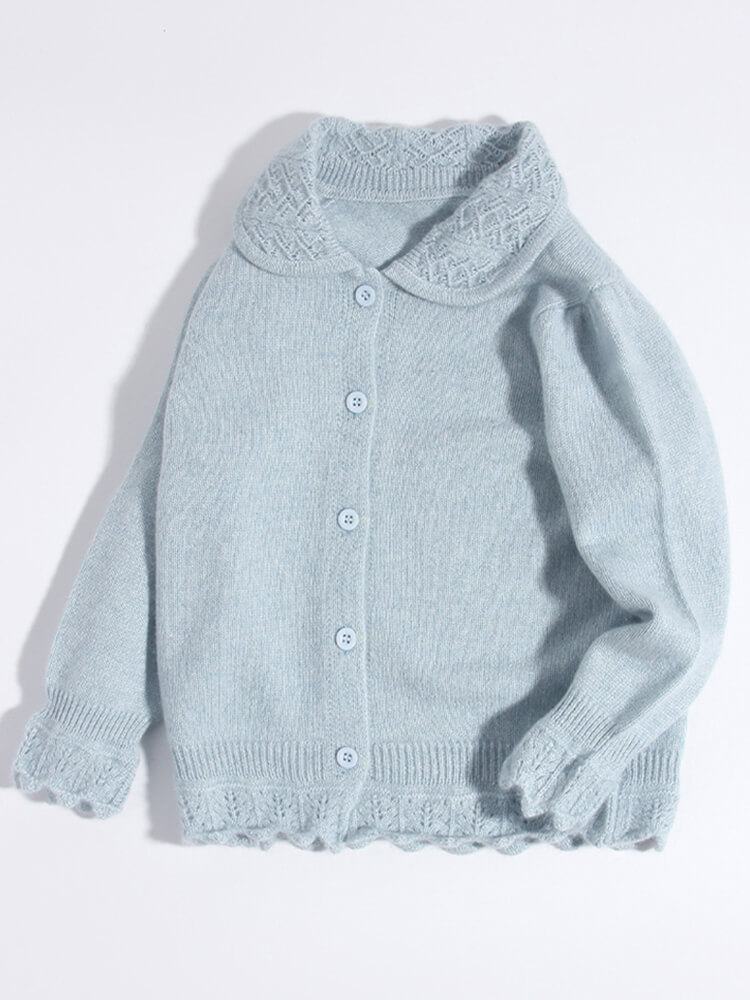 (image for) Girls Peter Pan Collar Light Blue Cashmere Lace-Trim Cardigan